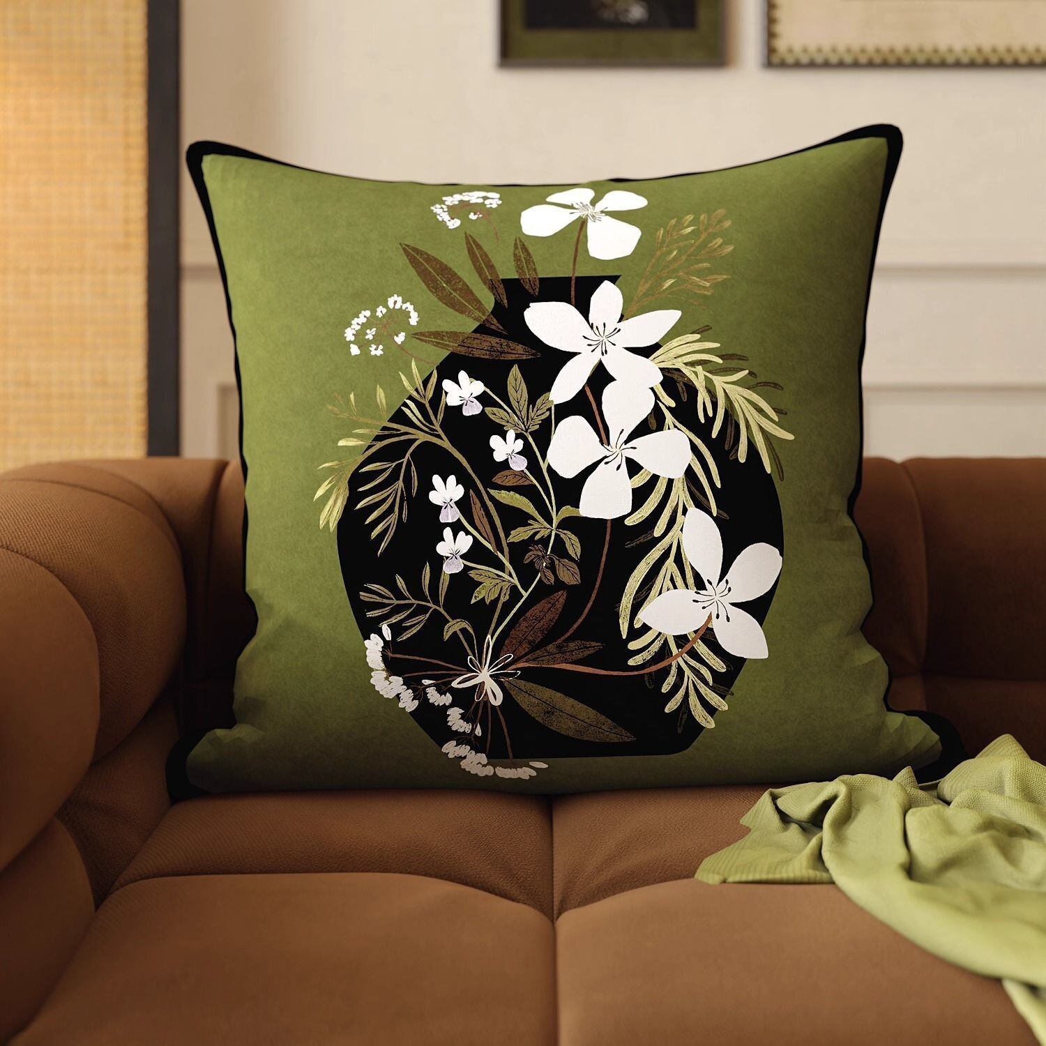 Double-Sided French Vintage Sofa Pillow Cover Green Flower Pattern Luxury Sensation Indoor Home Decor Square Cushion Case