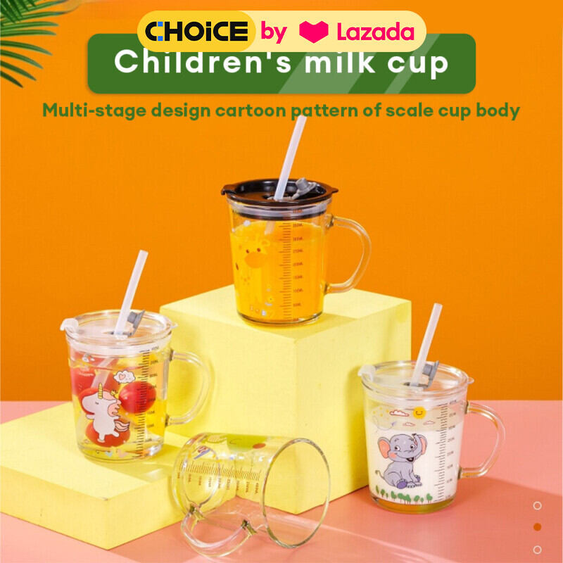 【Local sellers fast shipping】400ml Kids Milk Cup With Straw Water Cup Children's Scale Milk Cup Baby Glass Cup With Handle