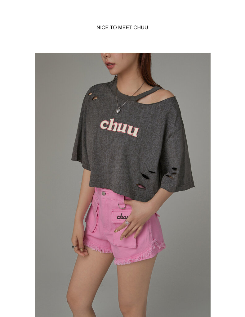 Chuu Letter Patch Embroidery Hole T-Shirt Women's Summer New Basic School Hollow out Shoulder Loose Top Asymmetrical Korean Style Cotton Polyester · v2