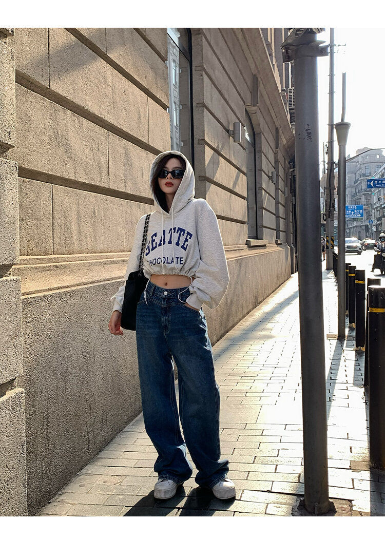 Chenmi Fan Blau Jeans mit hoher Taille und weitem Bein für Damen Herbst Neu Locker lässige gerade Hosen Hoch aussehende lange Hosen