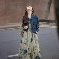 XUECAIQI | Spring Fashion Korean Style Commute Outfit Vintage Denim Jacket Watercolor Floral Dress Two-Piece Set plus Size Womens Clothing