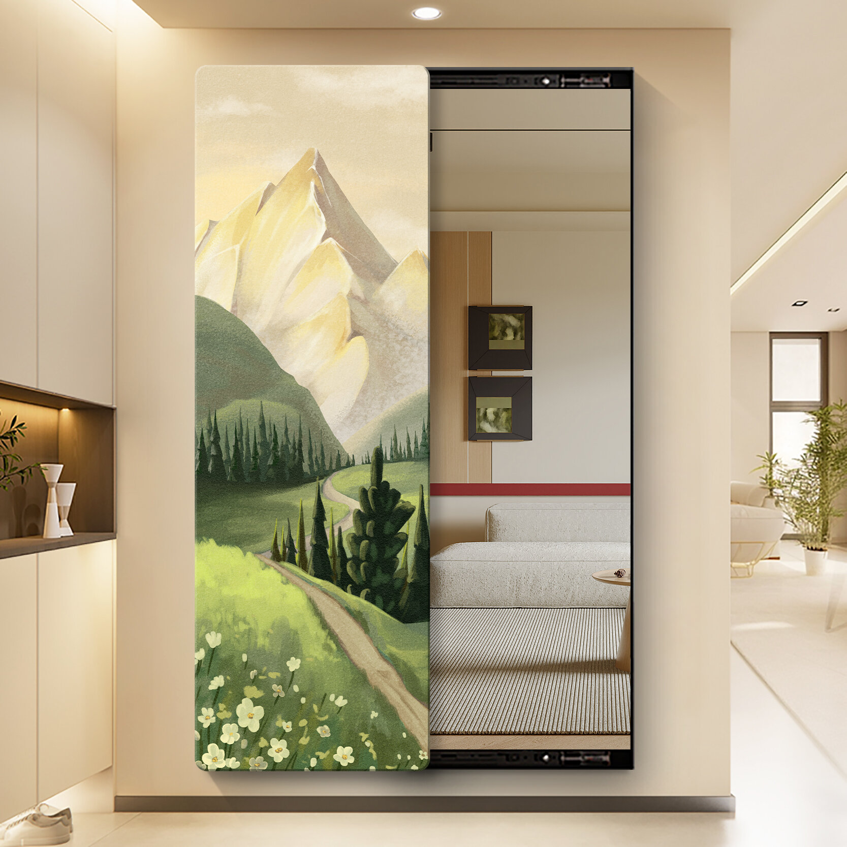 Hidden Sliding Full Body Wall Mounted Mirror Cream Sandstone