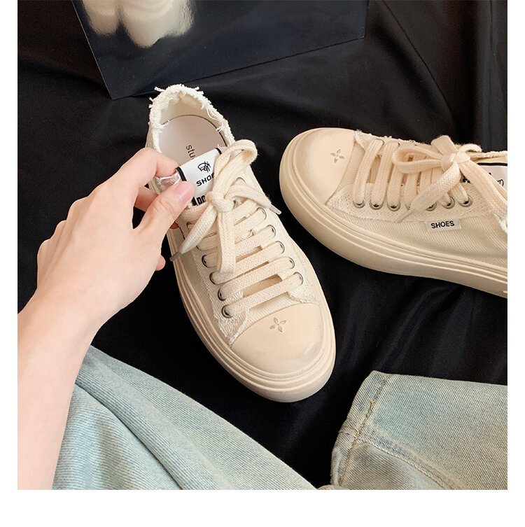 Women's Low Top round Toe Laced Canvas Shoes Thick Bottom Cross Pattern White Sneakers Worn in Dirty Looking Shoes · v11