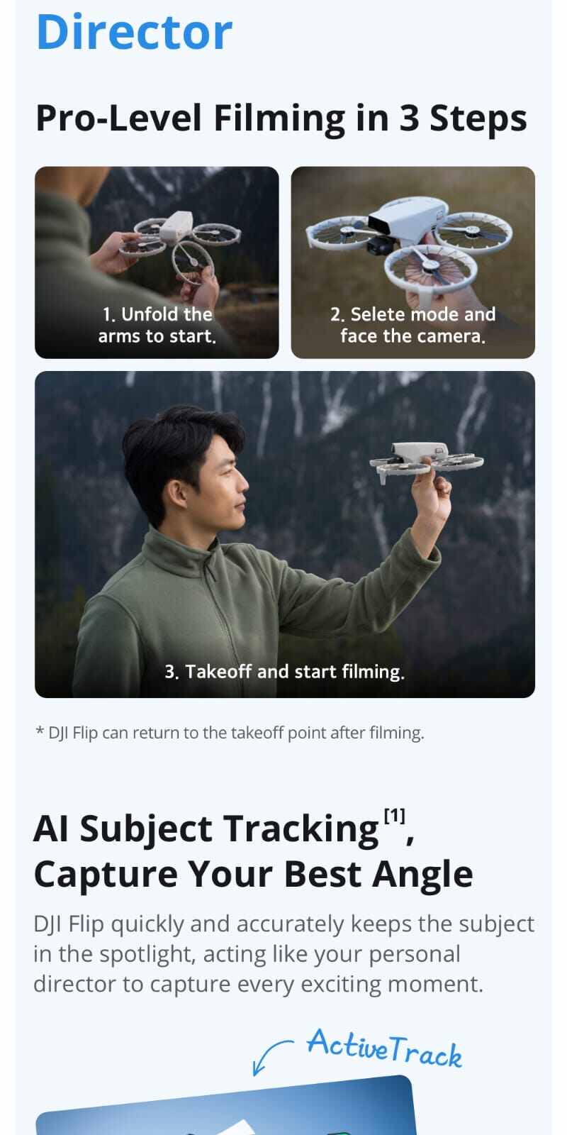 DJI Flip - طائرة بدون طيار مزودة بتحكم صوتي وتتبع الذكاء الاصطناعي مع واقي مروحة قابل للطي بتغطية كاملة / 4k60FPS / إرجاع ذكي / الوزن