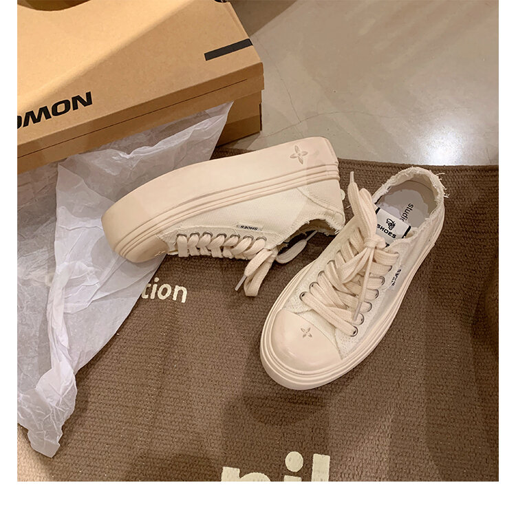Women's Low Top round Toe Laced Canvas Shoes Thick Bottom Cross Pattern White Sneakers Worn in Dirty Looking Shoes · v11