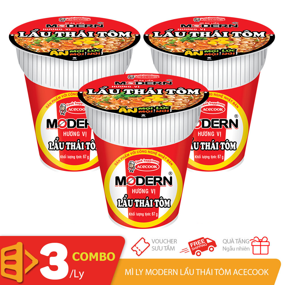 Combo 3 mì ly Modern vị lẩu Thái tôm 65gr