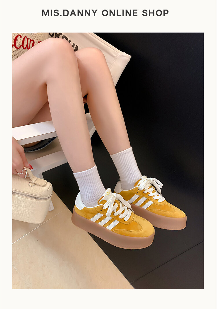 Yellow Genuine Leather Thick Bottom Deqin Shoes Women's Spring Style Casual All-Match Flat Heel Comfortable Sports Sneakers · v7