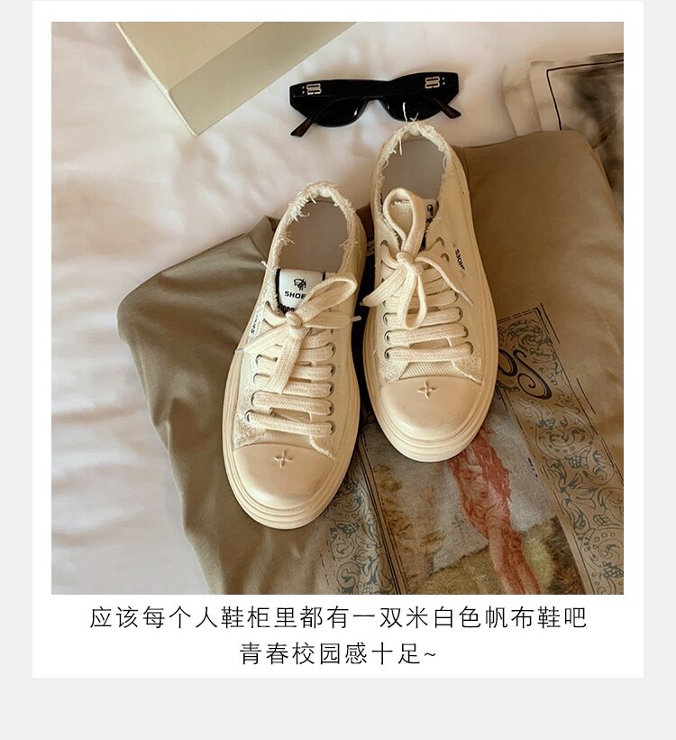 Women's Low Top round Toe Laced Canvas Shoes Thick Bottom Cross Pattern White Sneakers Worn in Dirty Looking Shoes · v11