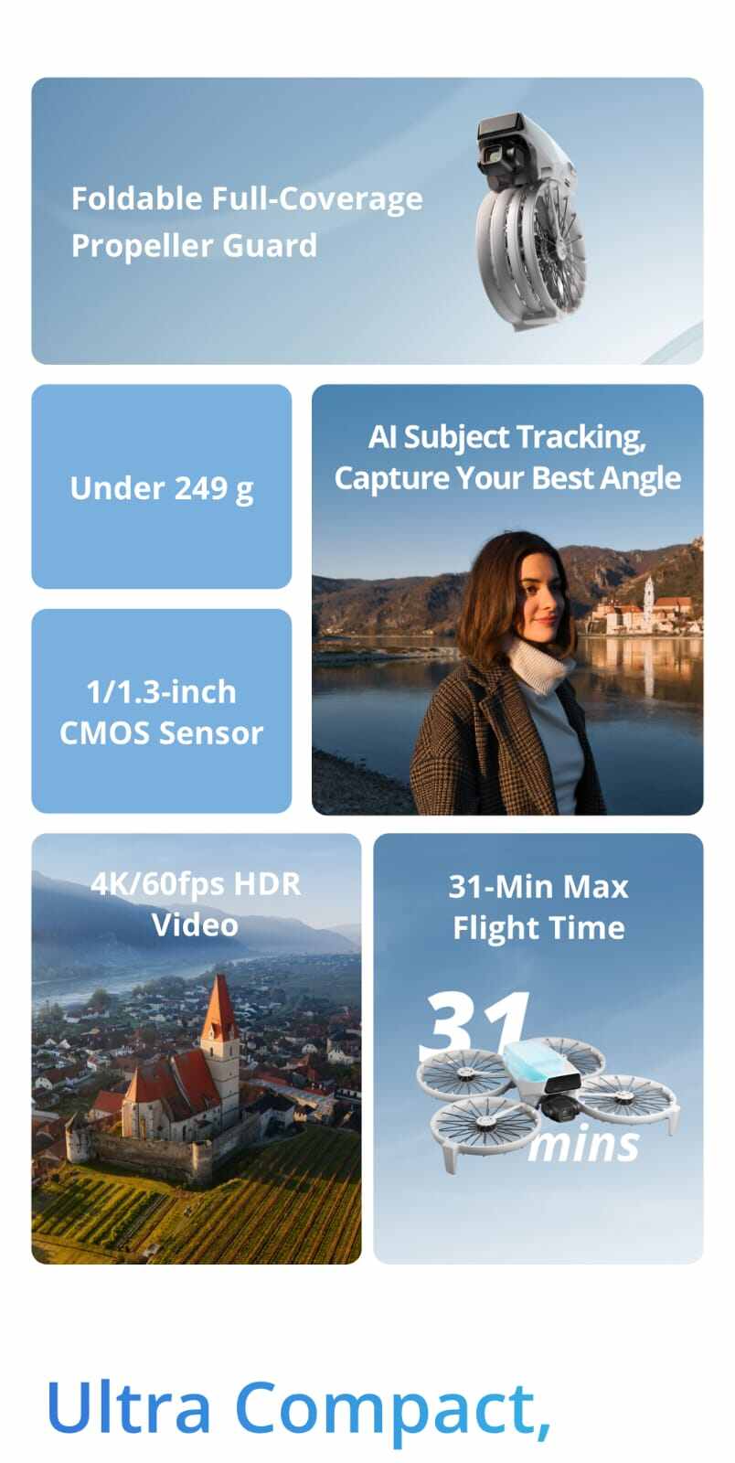 DJI Flip - طائرة بدون طيار مزودة بتحكم صوتي وتتبع الذكاء الاصطناعي مع واقي مروحة قابل للطي بتغطية كاملة / 4k60FPS / إرجاع ذكي / الوزن