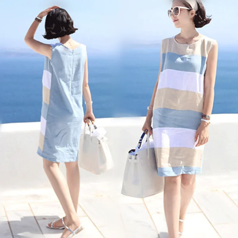 2019 Summer New Women's Korean-style Cotton and Linen Contrasting Sleeveless Jumper Skirt Striped Mid-length Hipster Dress