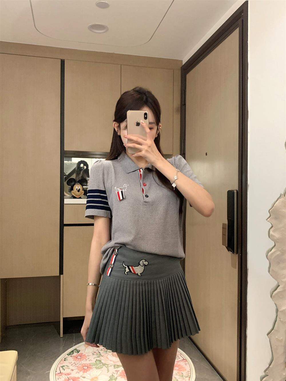 TB Thom Women's Summer Short Sleeve T-shirt with Embroidered Dog Cartoon and POLO Collar Slim Fit Regular Thickness for 18-24 Years Old