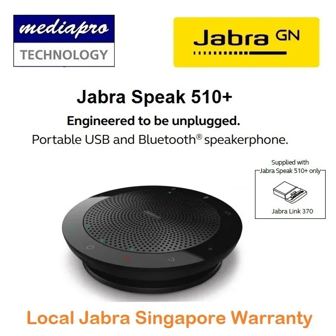JABRA Speak 510+ Conference Speakerphone with Bluetooth Dongle, USB & Bluetooth, Omni-Directional Mic, 15hrs Rechargeable Battery - 2 Years Local Distributor Warranty