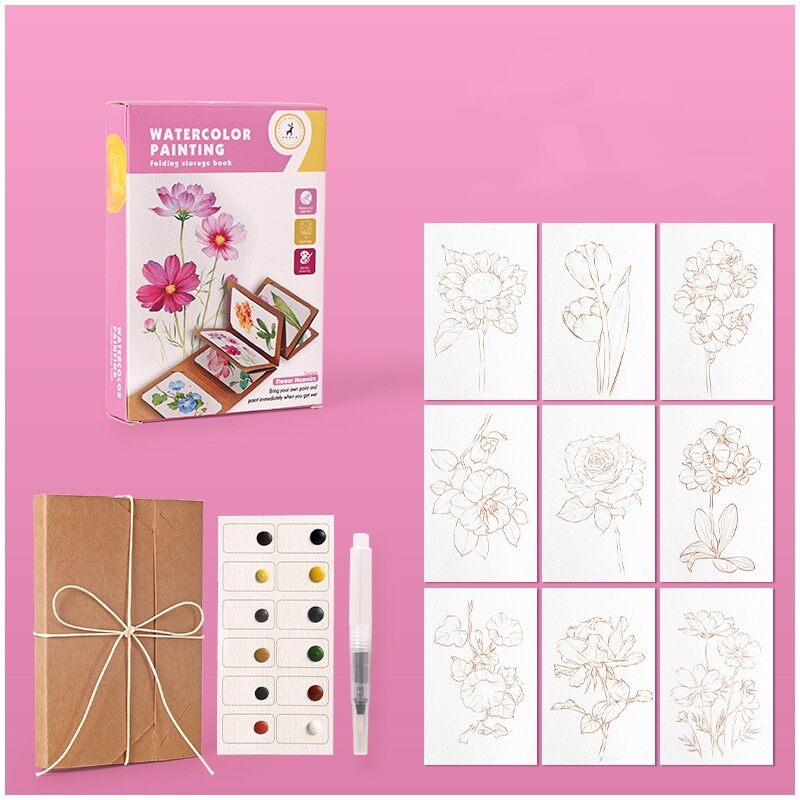 Bview Art Artistic Watercolor Kit: 12-Pan Solid Paints with Expandable Kraft Paper Folder Compact Travel Painting Supplies