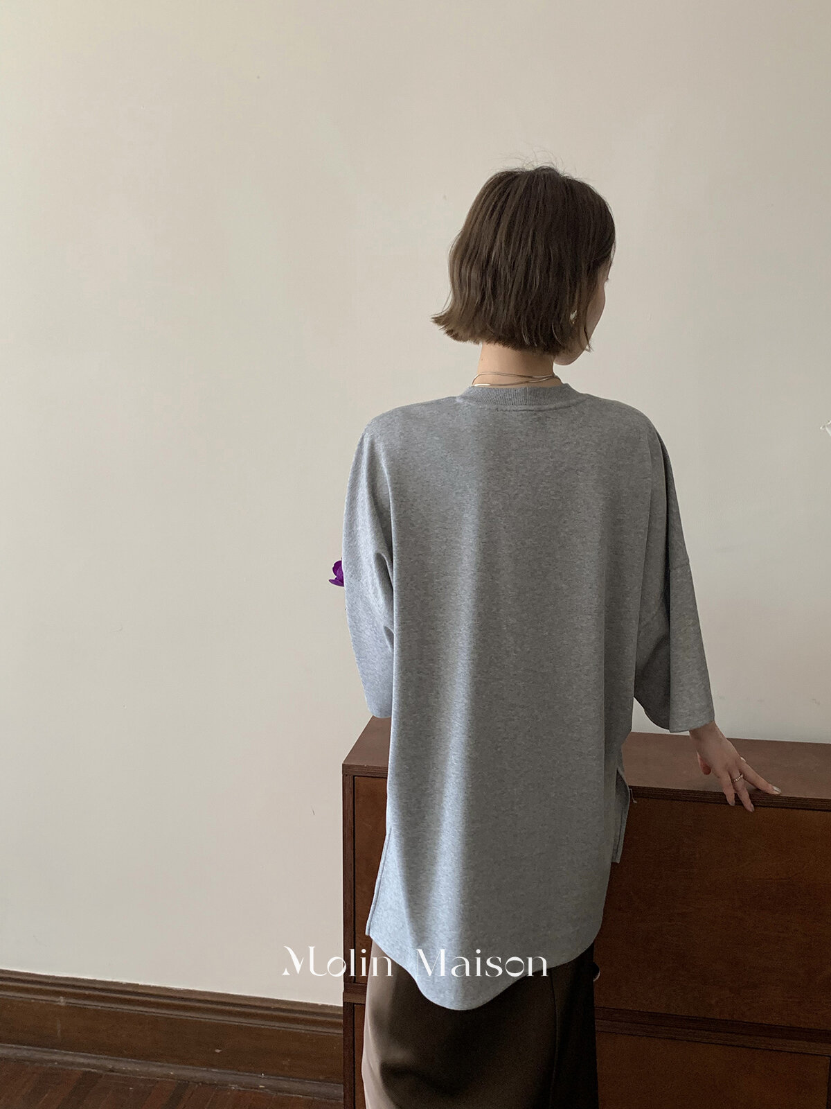 Molin ROW Batwing Sleeve T-Shirt Women's Loose Side Slit Oversize Summer Short Sleeve Cotton Polyester Blend round Neck Top