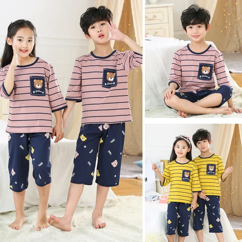 Children's Pajama Set qi fen xiu Cotton Summer Air Conditioning Room Clothes zhong da tong Cropped Trousers Boys and Girls Kids Pajamas