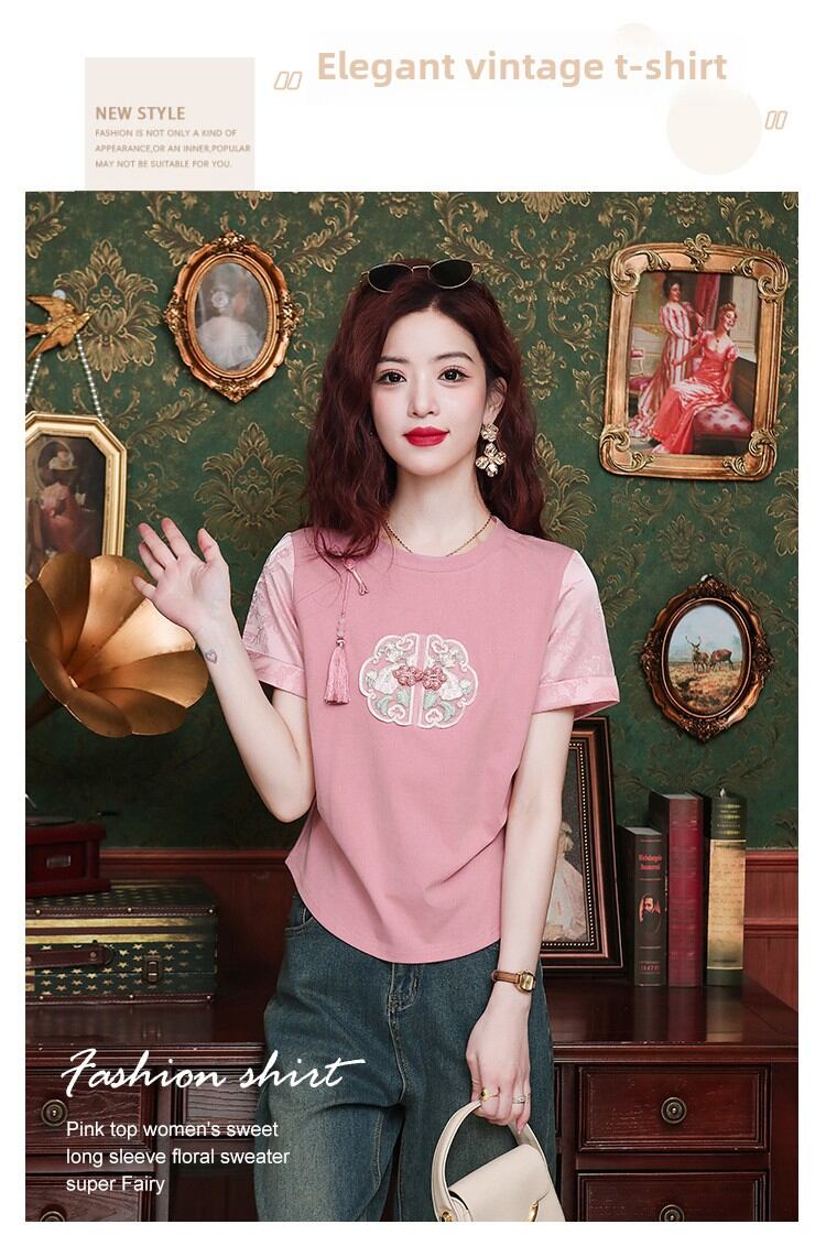New Summer Chinese Style Women's Loose Fit Short Sleeve T-Shirt Embroidered Slimming Top Trendy round Neck Cotton Casual Wear · v3