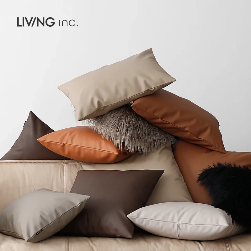 Living Inc. Soft Cowhide Light Luxury Pillow Cover Waist Pillow Living Room Sofa Faux Leather Cushion Imitation Leather Pillow