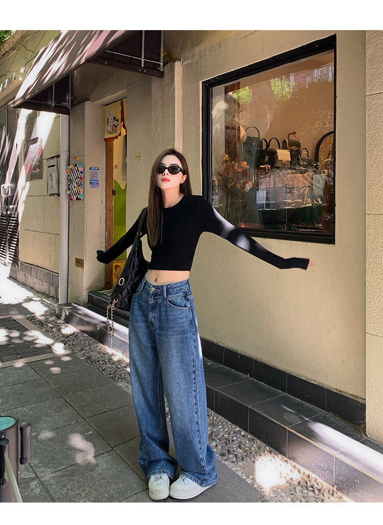 Chenmi Fan Blau Jeans mit hoher Taille und weitem Bein für Damen Herbst Neu Locker lässige gerade Hosen Hoch aussehende lange Hosen