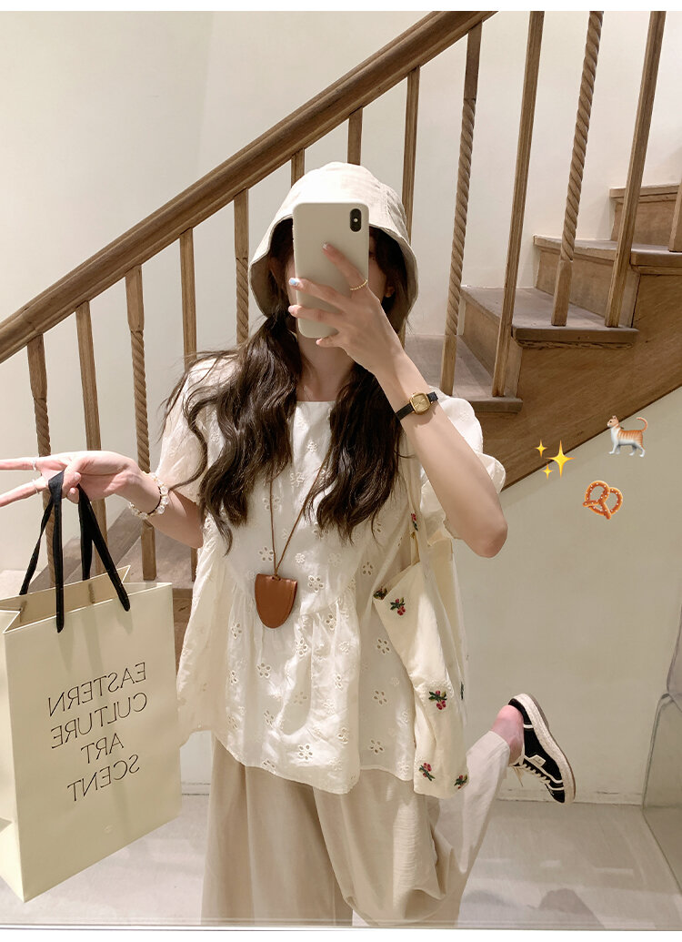 FF BLUE Summer Sunlight Cotton Embroidered Shirt Loose Short Sleeve Women's Casual Style round Neck Casual Fit Short Sleeve Top