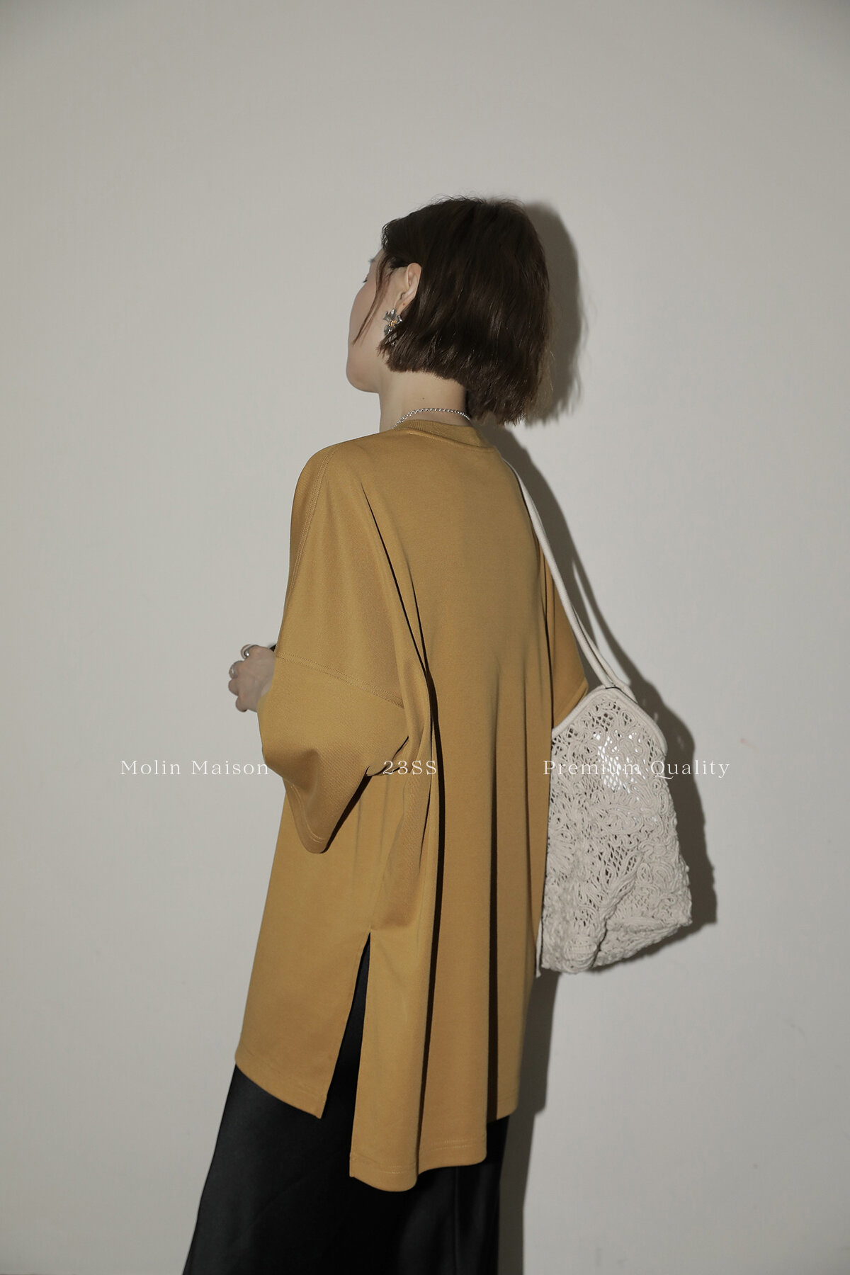 Molin ROW Batwing Sleeve T-Shirt Women's Loose Side Slit Oversize Summer Short Sleeve Cotton Polyester Blend round Neck Top