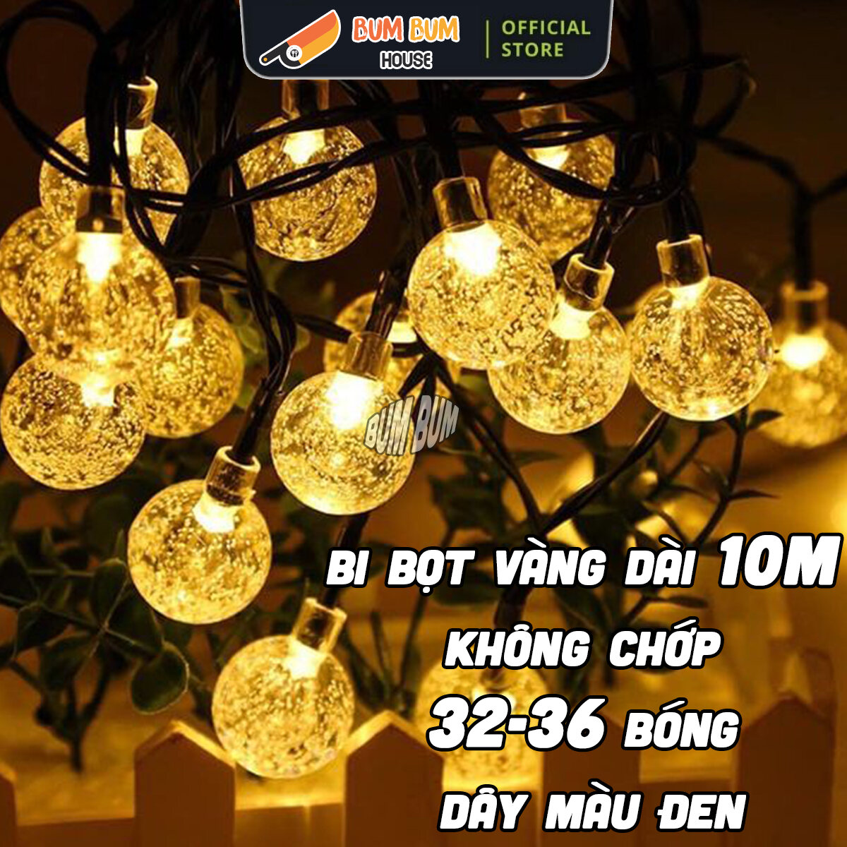 Dây LED Bi Bọt dài 10M màu vàng và đủ màu RGB từ 32 - 38 bóng đèn, đèn trang trí bi bọt cherry ball vàng ấm và đủ màu dây đen dài trang trí tết nhà cửa, đèn nháy trang trí noel giá rẻ, đèn led trang trí tết nháy nhiều kiểu - BumBum