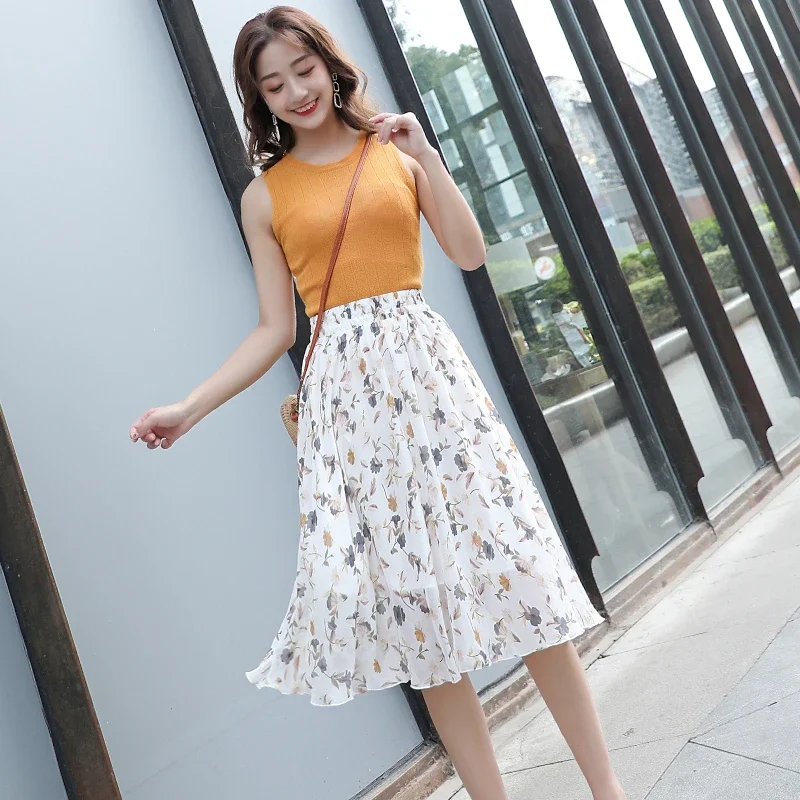 New Chiffon Skirt Women's Mid-Length Korean-Style Spring and Summer Polka Dot A- line Skirt High Waist Slimming Summer Floral Skirt
