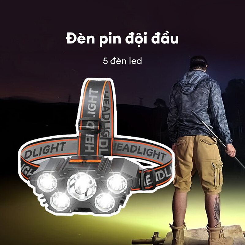Đèn pha 5 bóng LED, có thể sạc lại với pin tích hợp, ánh sáng mạnh, đèn pha USB, đèn pin cho cắm trại phiêu lưu câu cá