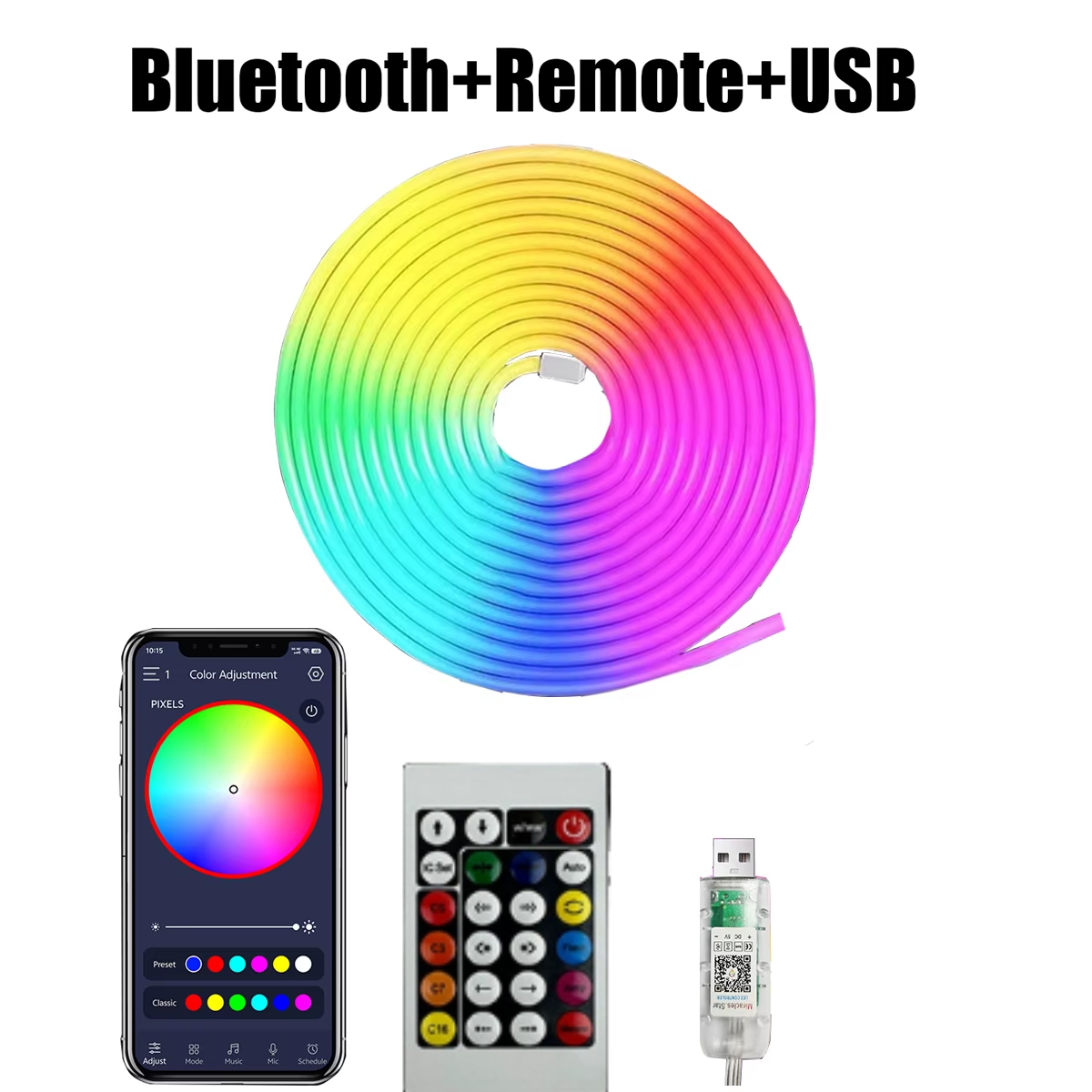 DC5V RGBIC Neon LED Strip Lights Neon Rope Light with Music Sync DIY RGBIC Dreamcolor Chasing Strip Tape for Home Decor Lighting