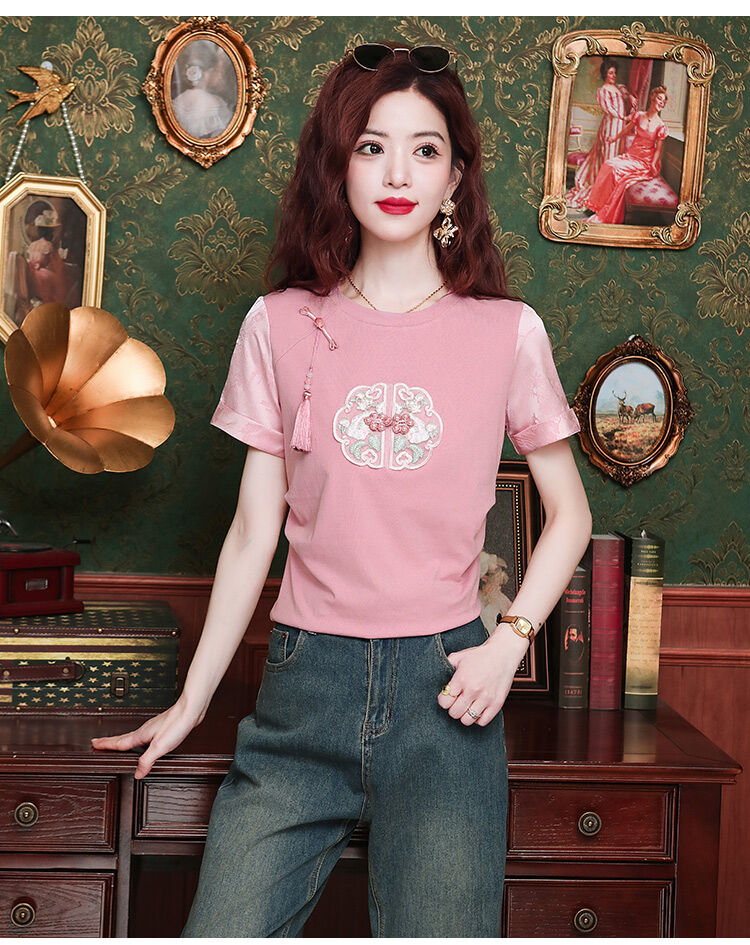 New Summer Chinese Style Women's Loose Fit Short Sleeve T-Shirt Embroidered Slimming Top Trendy round Neck Cotton Casual Wear · v3