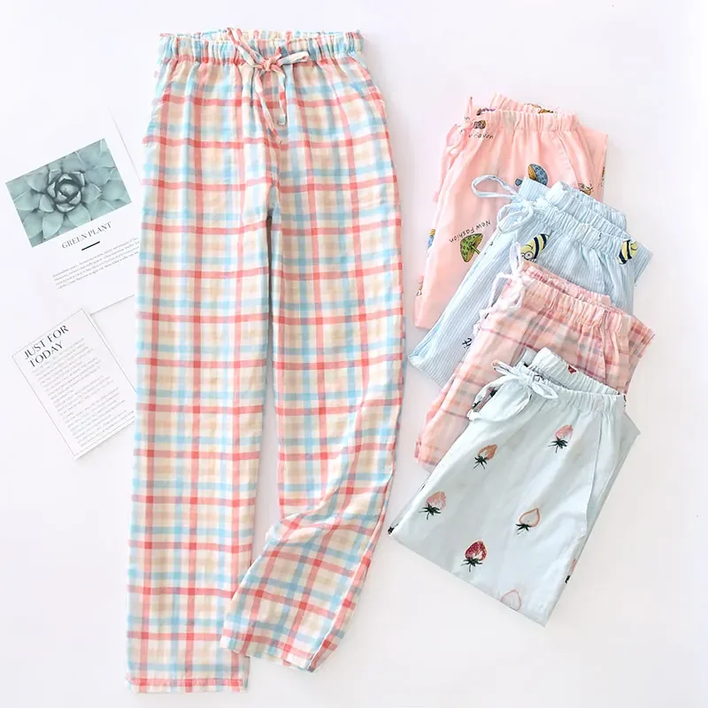 Pajamas nv zhang ku Spring and Autumn Pure Cotton Lattice Double-Layer Gauze Summer Thin Cotton Air Conditioning Home Pants Loose L