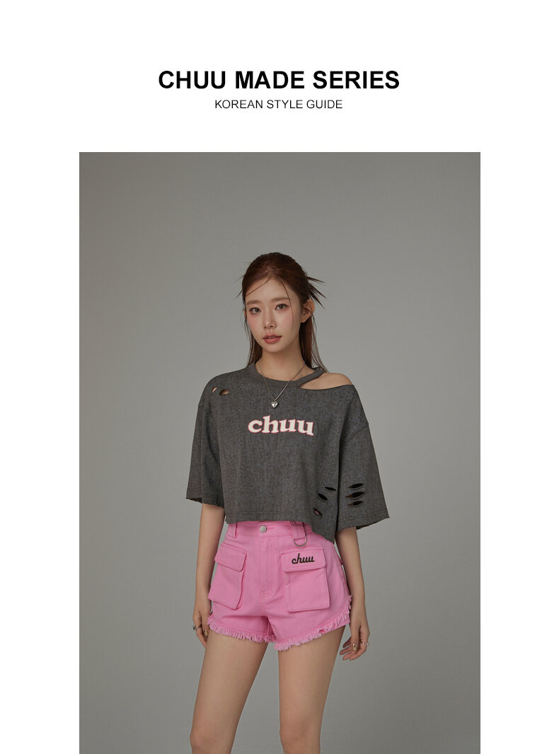 Chuu Letter Patch Embroidery Hole T-Shirt Women's Summer New Basic School Hollow out Shoulder Loose Top Asymmetrical Korean Style Cotton Polyester · v2