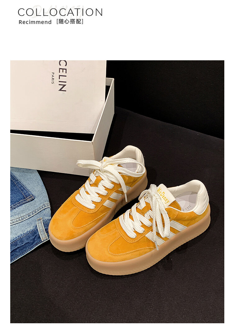 Yellow Genuine Leather Thick Bottom Deqin Shoes Women's Spring Style Casual All-Match Flat Heel Comfortable Sports Sneakers · v7