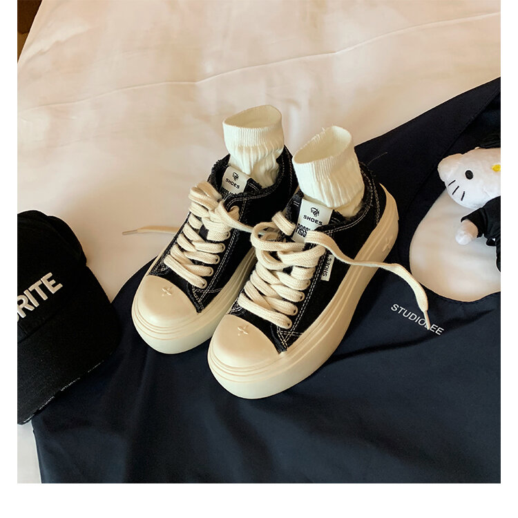 Women's Low Top round Toe Laced Canvas Shoes Thick Bottom Cross Pattern White Sneakers Worn in Dirty Looking Shoes · v11