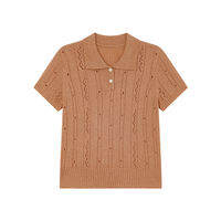 Lace Hollow-out Polo Collar Knit Short Sleeve Blouse