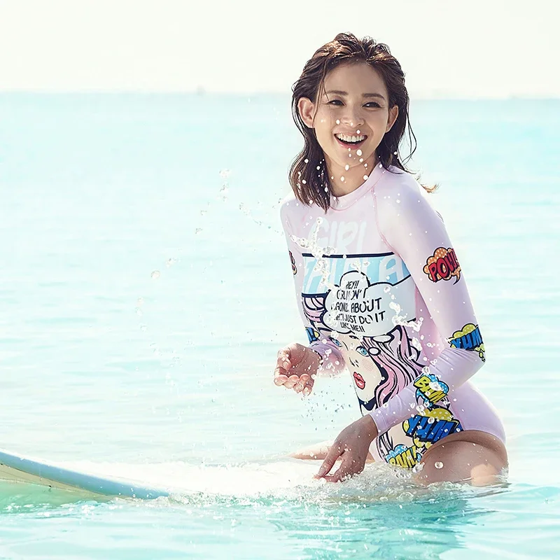 Korean Diving Suit Women's One-Piece Swimsuit Long Sleeve Sunscreen Cartoon Dive Skin Snorkeling Suit Slimming Surfing Suit Swimsuit