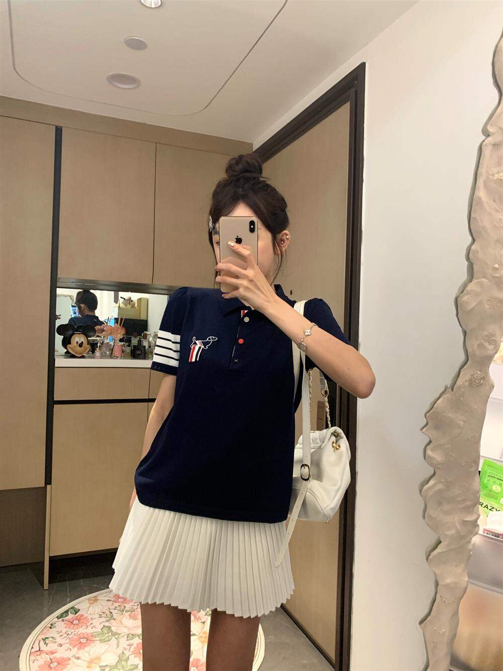 TB Thom Women's Summer Short Sleeve T-shirt with Embroidered Dog Cartoon and POLO Collar Slim Fit Regular Thickness for 18-24 Years Old