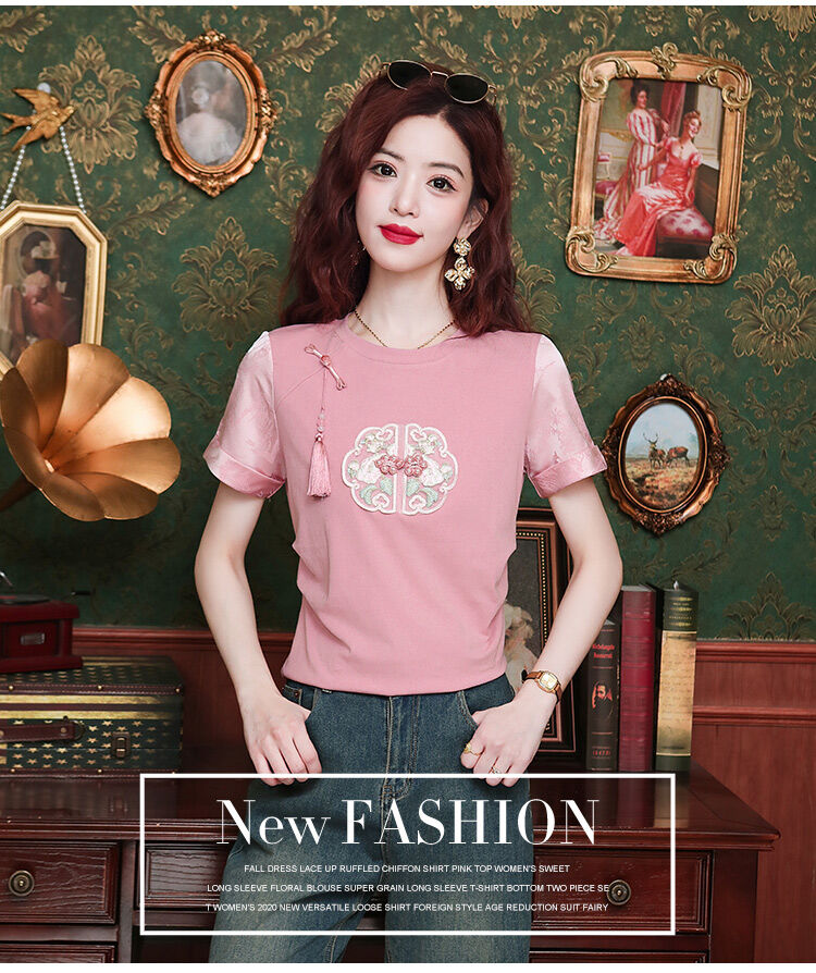 New Summer Chinese Style Women's Loose Fit Short Sleeve T-Shirt Embroidered Slimming Top Trendy round Neck Cotton Casual Wear · v3