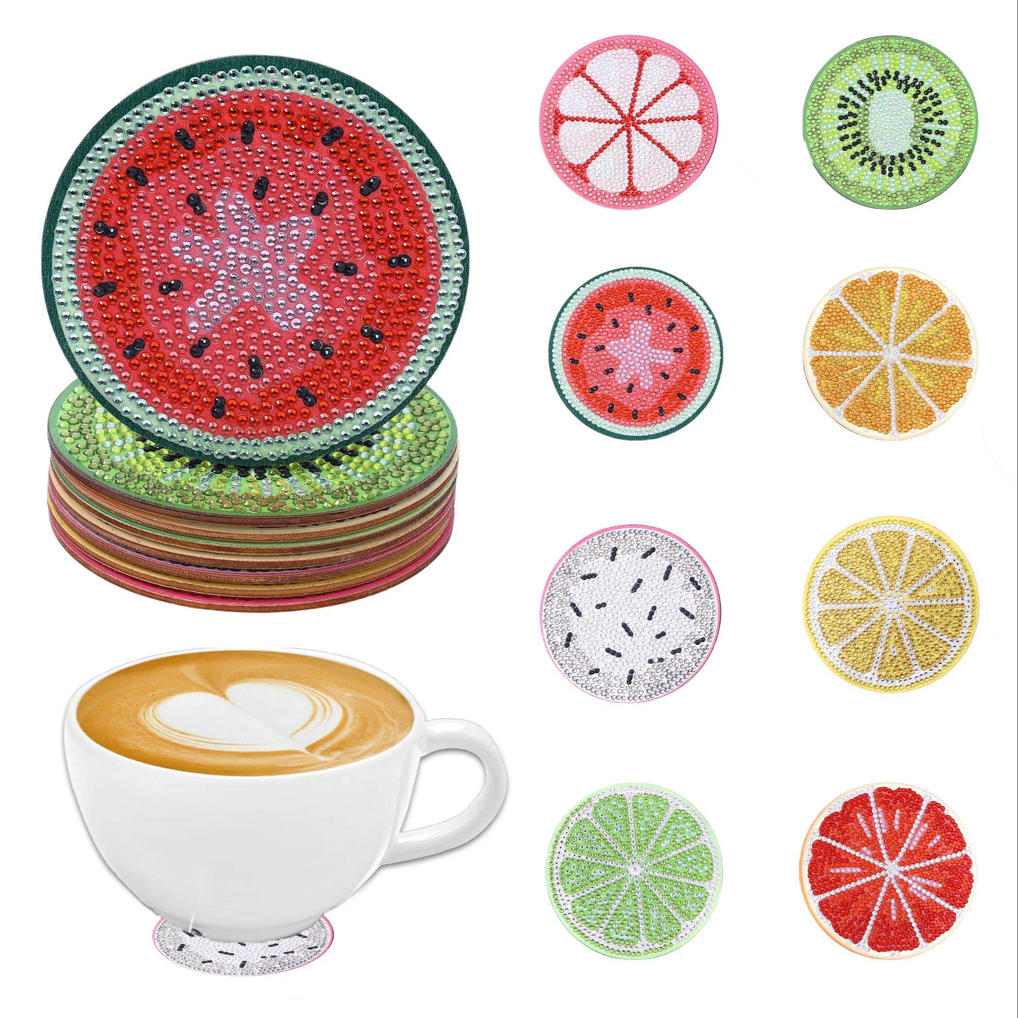 8 Pieces DIY Diamond Painting Art Set Man Fruit Pattern Coaster Special Shape Crystal Artificial Diamond Mosaic Craft