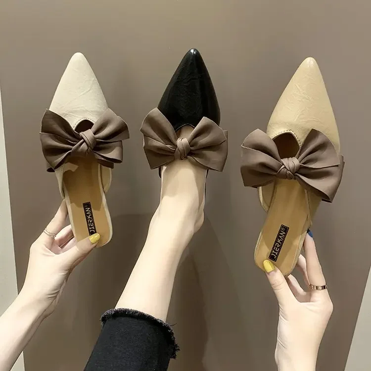 Internet Hot Slippers Women's Summer Wear 2021 New Korean Style Versatile Bow High Heel Semi-Slipper Chunky Heel Pointed-Toe Mules Shoes