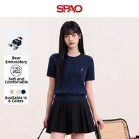 spao | Retro Design Dark Blue Cable Stitch Short Sleeve Sweater