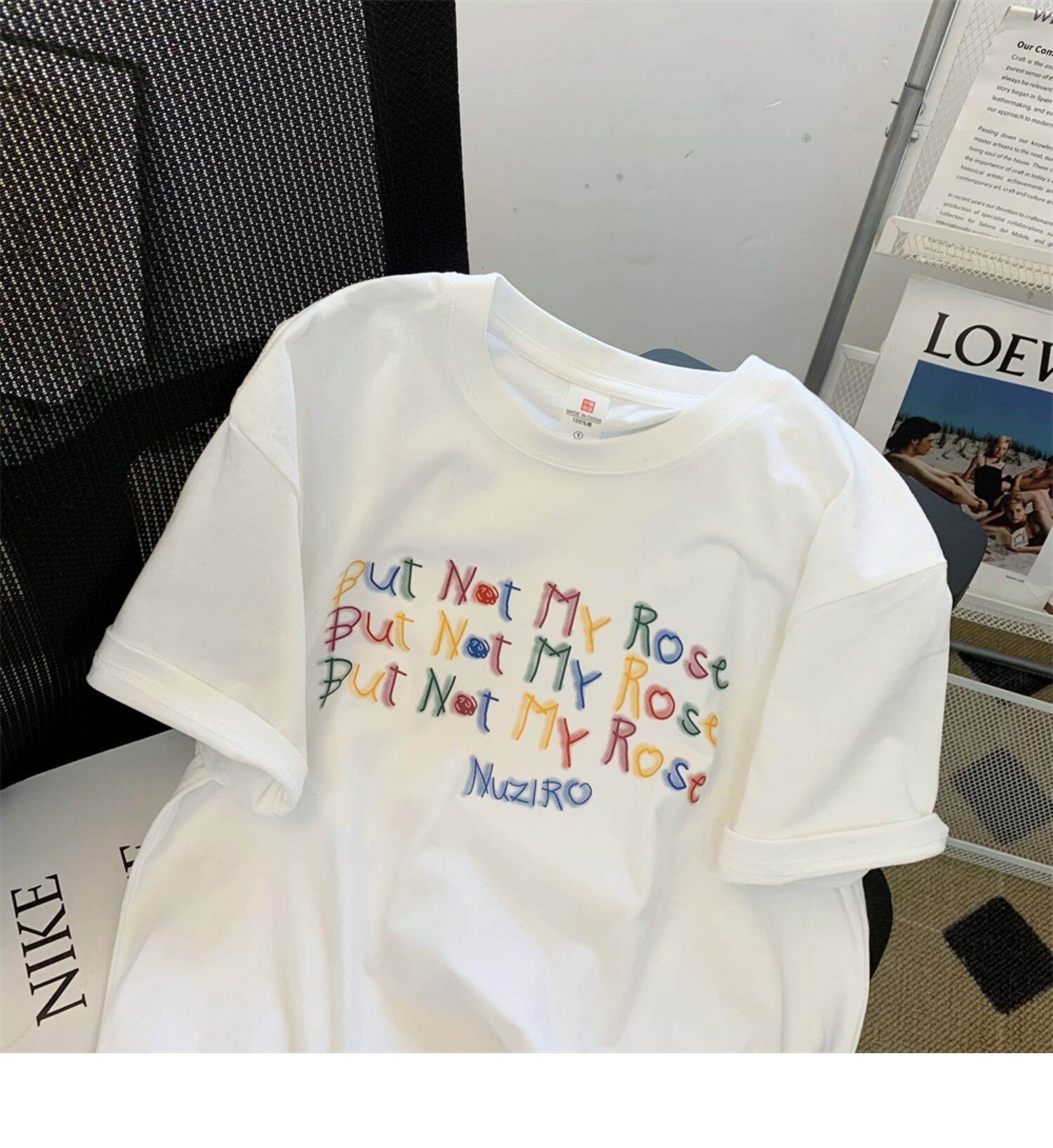 Kor-anya Colorful Letter Print White Short Sleeve Women's T-shirt Summer Loose Slimming Pure Cotton Half Sleeve Body Top · v2