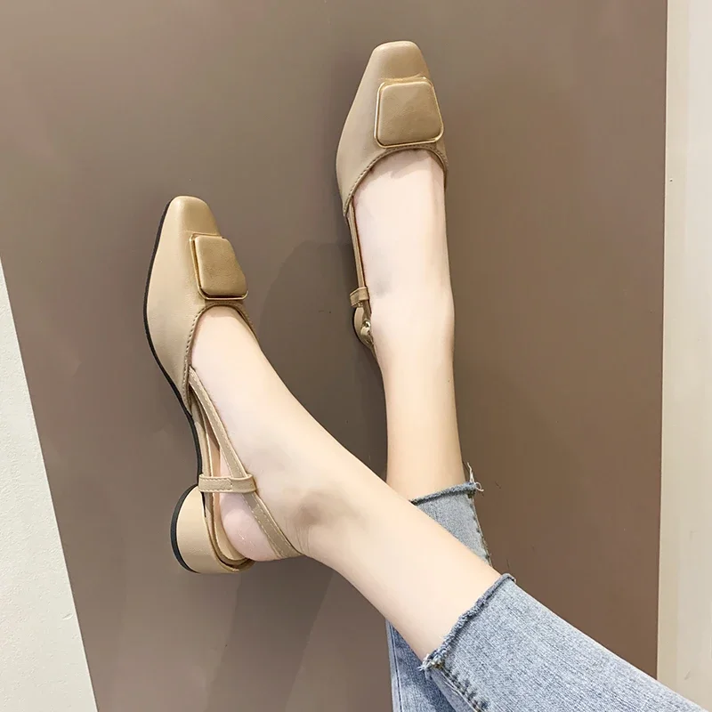 Internet Hot Sandals Female 2020 Summer New Korean Version of the Wild Square Buckle Low-Cut Mid Heel Granny Shoes Thick Heel Toe Box Shoes