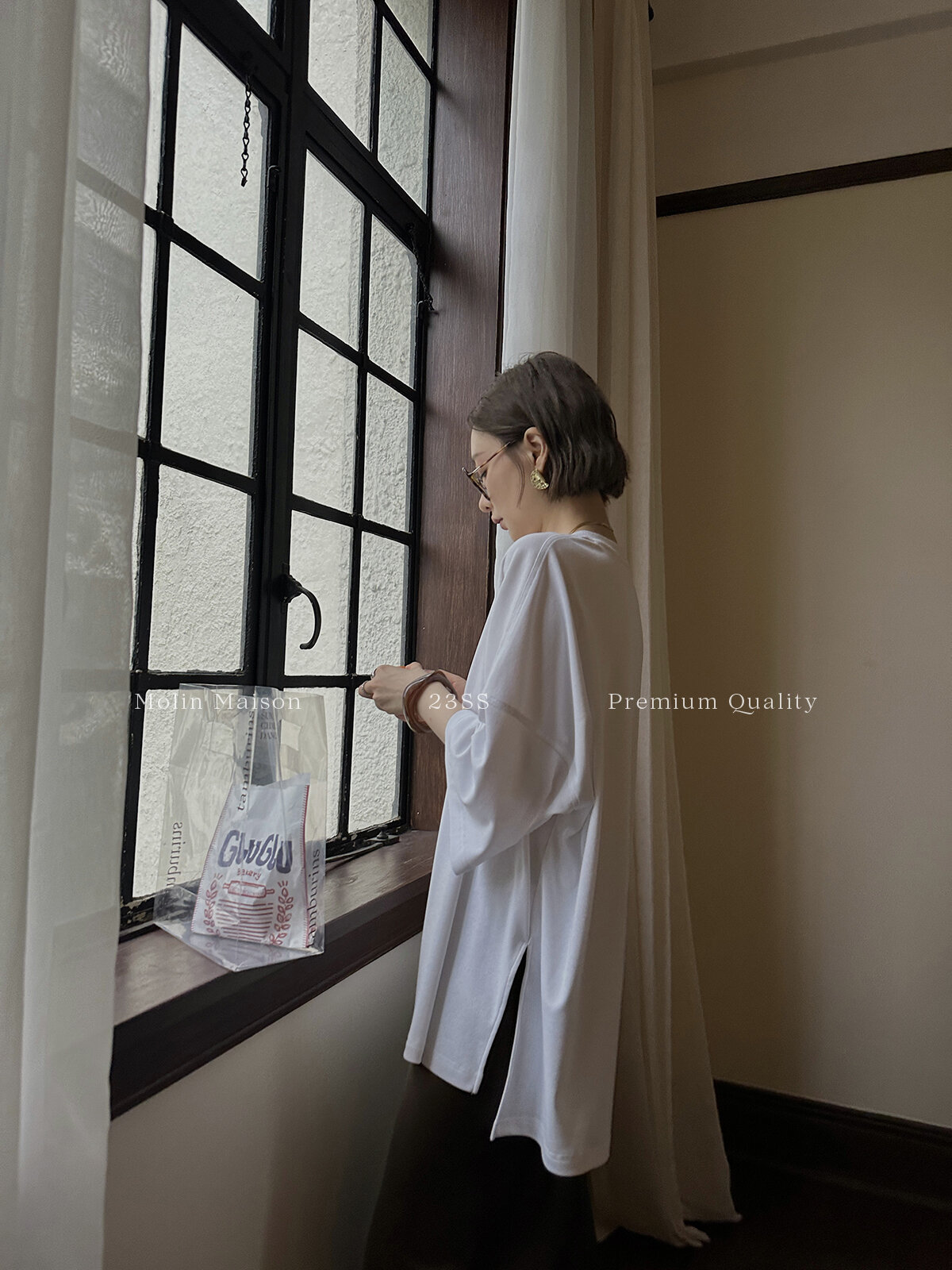 Molin ROW Batwing Sleeve T-Shirt Women's Loose Side Slit Oversize Summer Short Sleeve Cotton Polyester Blend round Neck Top