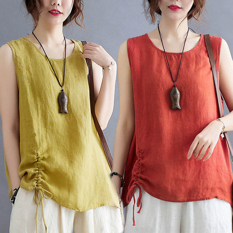 100% Cotton Summer Artistic Large Size Women's Vest Sling Women's Outer  Wear Solid Color All-Match Loose Slimming Sleeveless Top | Lazada Singapore