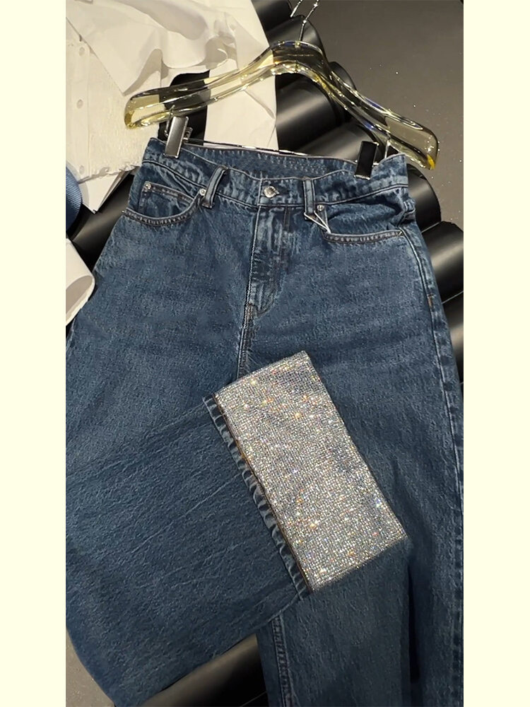 Summer Thin High Waist Silk Jeans Women's Turn-down Cuff Diamond Embellished Nine-point Straight Leg Pants Casual Long Trousers · v2