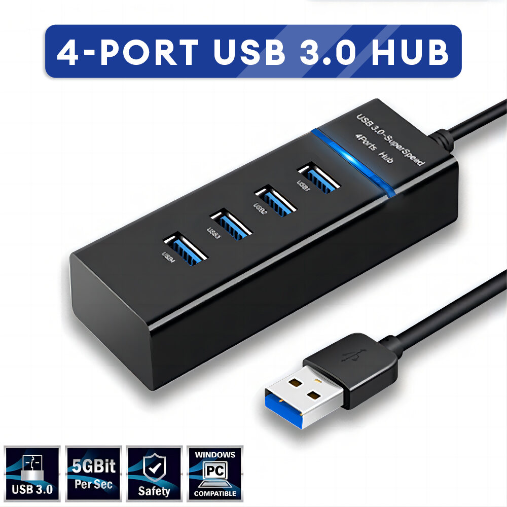 4 Port USB 3.0 2.0 Hub Splitter /High Speed Multiport Slim USB Hub Adapter /Fast Data Transfer USB Hub Extender Extension Connector