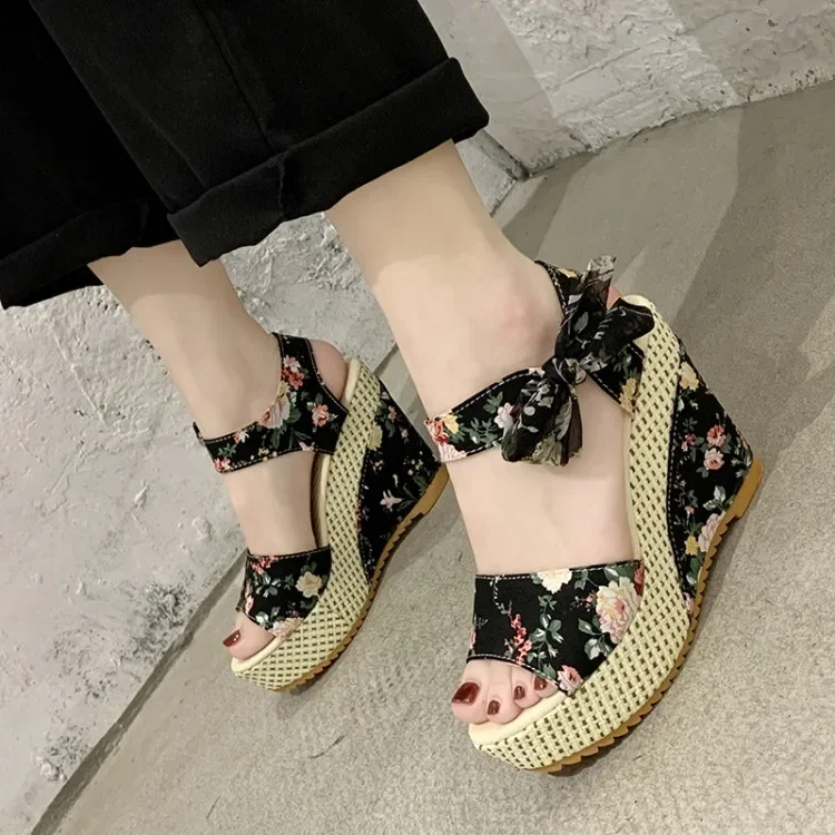11cm Super High Heel Peep Toe Sandals Women's 2021 Summer Versatile Wedge Printed Lace-up Bohemian Muffin Cloth Shoes