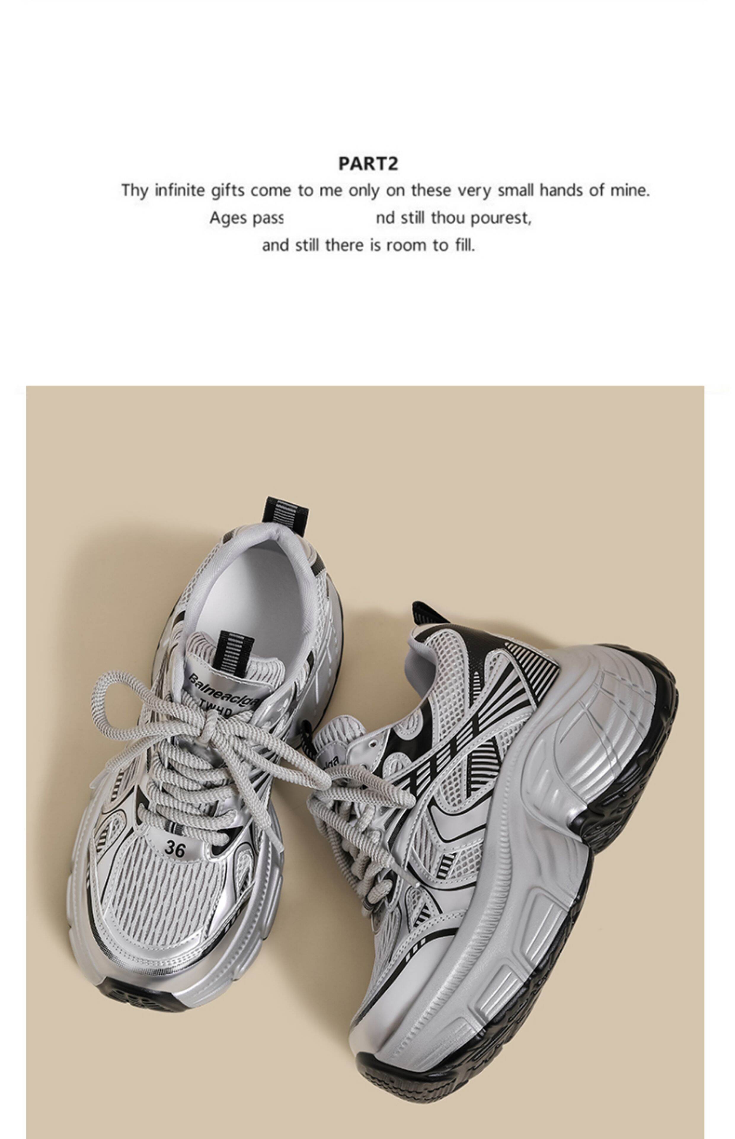 Women's Sport Shoes Casual Thick Bottom Net Surface Heightening Silver Color Spring New Style Fashionable round Head Rubber Outsole · v27
