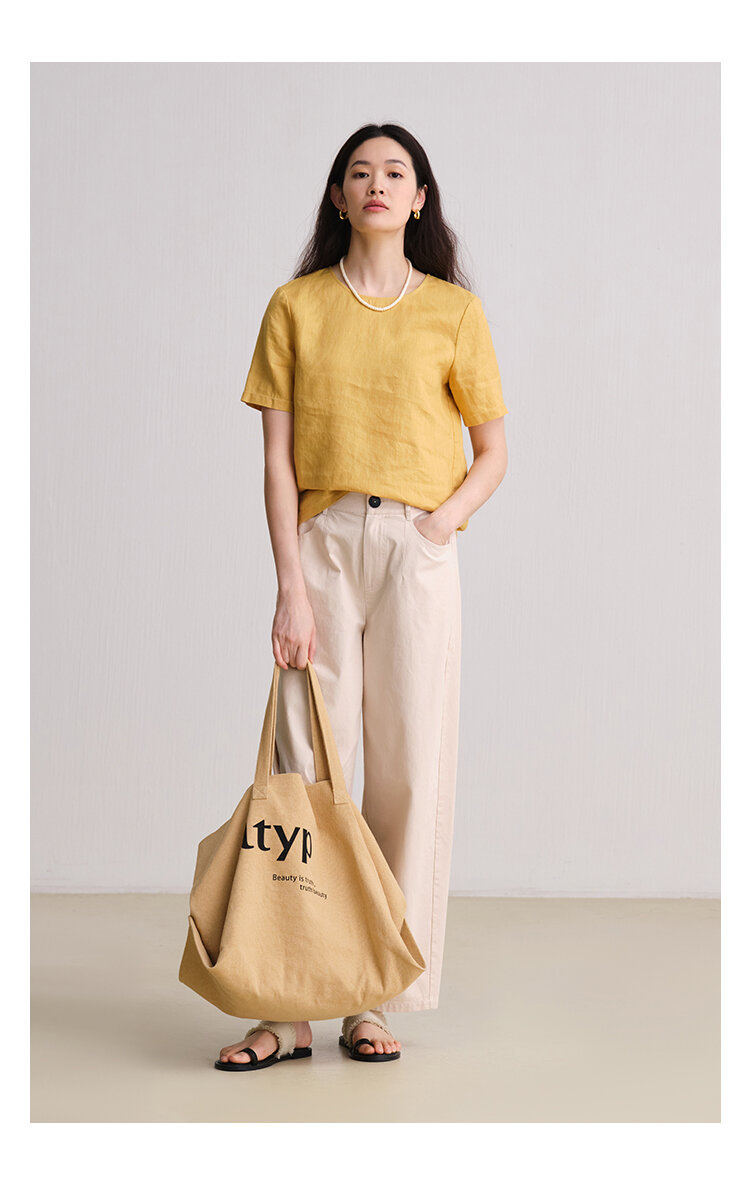100% Linen Short Sleeve T-Shirt Women's Casual Style Original Travel Wear Spring Season Versatile Comfortable Fit round Neck
