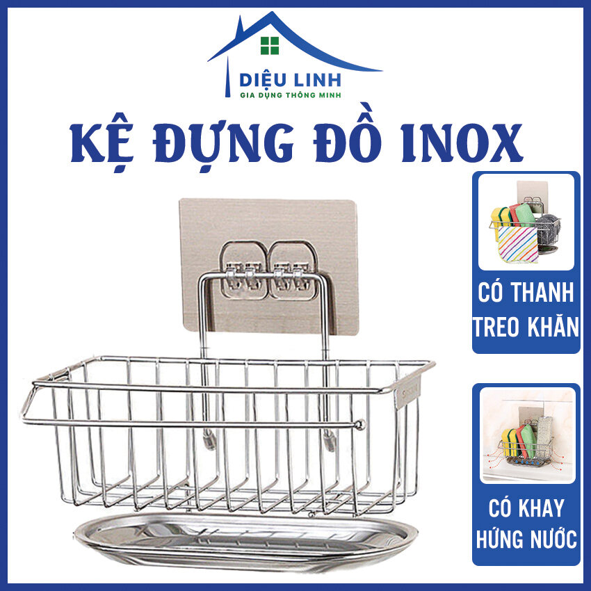 Kệ Inox Để Đồ Rửa Bát Dán Tường Kèm Khay Hứng Nước, Móc Treo Khăn Đa Năng - Giá Để Đồ Rửa Bát Dieulinhshop